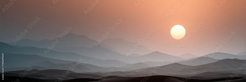 Poster white sun setting over vast desert landscape with layered mountains in the background