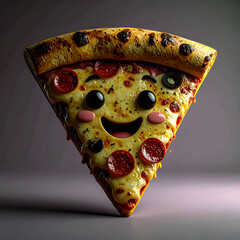 A cheerful cartoon pizza slice with a smiling face and vibrant toppings.