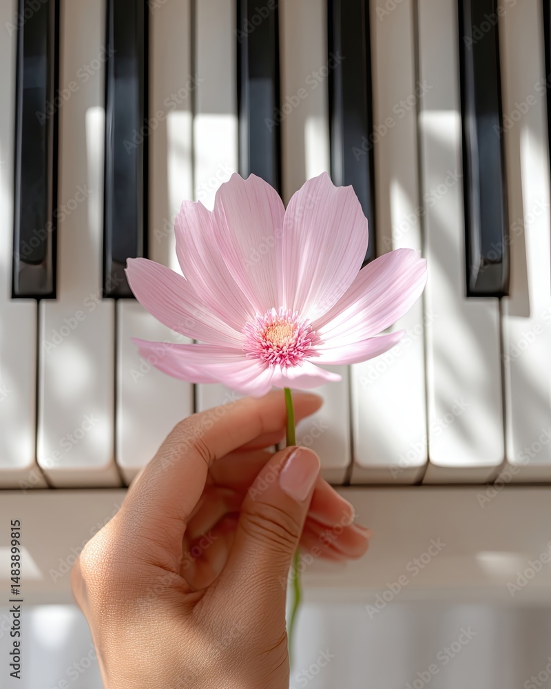 Poster Placing a Delicate Flower on Piano Keys in a Minimalist Setting With Soft Shadows