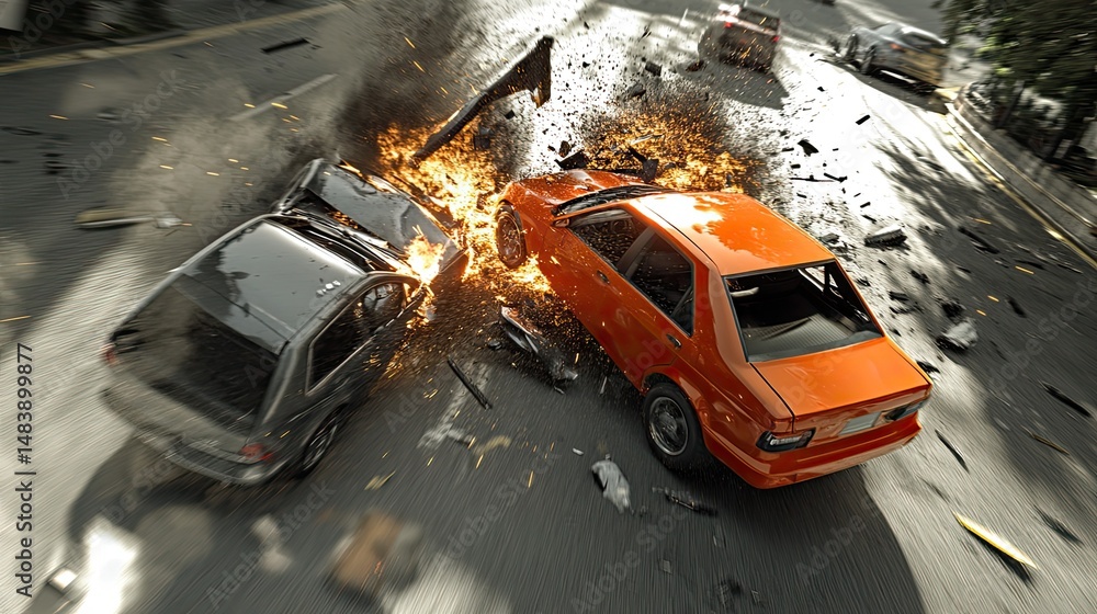 Poster crash scenario depicting vehicle impact or collision with realistic visual effects for safety.