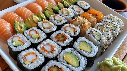 Assorted Sushi Platter with Salmon, Avocado, and Tobiko