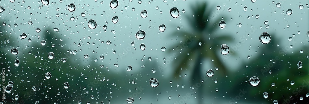 Poster tropical rain falls gently against a blurred palm tree background creating a serene atmosphere