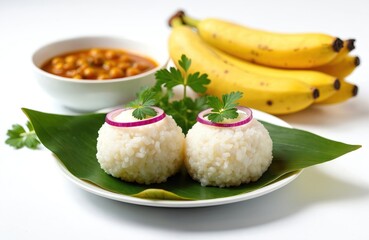 Delicious South Indian breakfast puttu with chana masala curry. Fresh healthy food with bananas. Traditional Kerala cuisine. White rice balls arranged on green leaf with chana masala. Healthy food