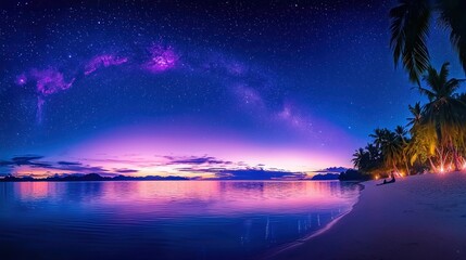 Fototapeta premium Tropical Beach Sunset with Milky Way Galaxy Starscape