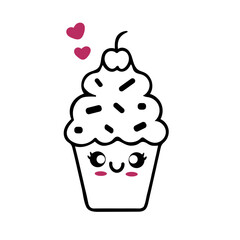 cute kawaii cupcake, simple line art, black and white with pink hearts, adorable, whimsical, digital illustration
