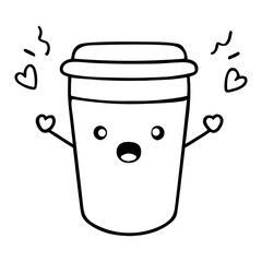 cartoon coffee cup, cute character, simple design, hearts, smiling face, black and white
