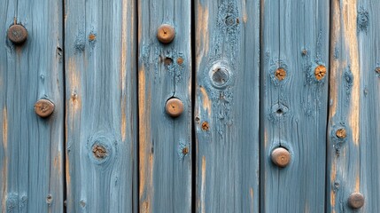 Weathered blue wooden planks feature rusty nail heads and variations of gray and green hues, showcasing signs of age and wear.
