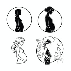 Four stylized pregnancy illustrations depicting pregnant women in various poses and designs inside circles