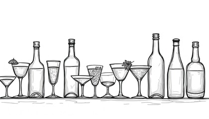 Classic cocktails one-line drawing. Variety of drinks bottles, glasses. Minimalist illustration, visual, black on white. Bar, drinks, celebration, restaurant design, party decor, menu, poster.