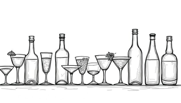 Classic cocktails one-line drawing. Variety of drinks bottles, glasses. Minimalist illustration, visual, black on white. Bar, drinks, celebration, restaurant design, party decor, menu, poster.
