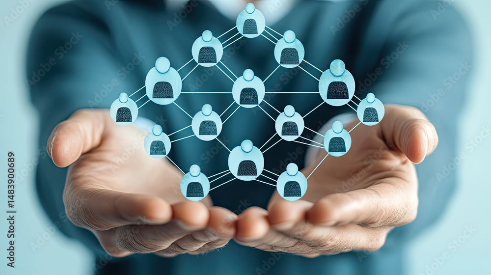 Poster crm concept with businessman holding global customer network structure for data exchange and service