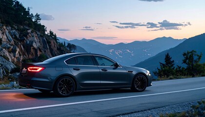 Dark Grey Luxury Sedan on Winding Mountain Road during Dusk