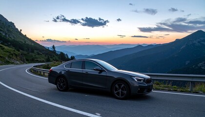 Naklejka premium Dark Grey Luxury Sedan on Winding Mountain Road during Dusk