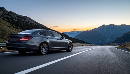 Naklejka premium Dark Grey Luxury Sedan on Winding Mountain Road during Dusk
