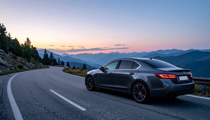 Dark Grey Luxury Sedan on Winding Mountain Road during Dusk