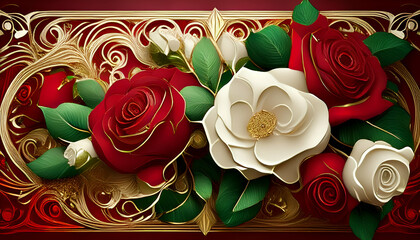A decorative arrangement of red and white roses with intricate gold detailing.
