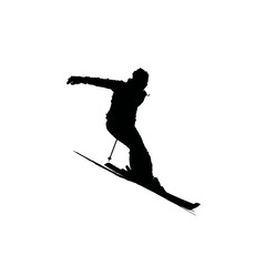 Solid black silhouette of a skier turning