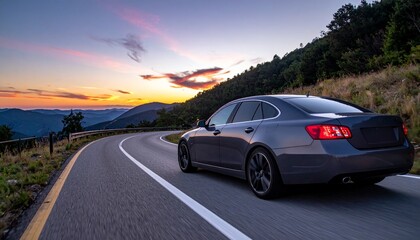 Fototapeta premium Dark Grey Luxury Sedan on Winding Mountain Road during Dusk
