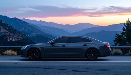 Naklejka premium Dark Grey Luxury Sedan on Winding Mountain Road during Dusk