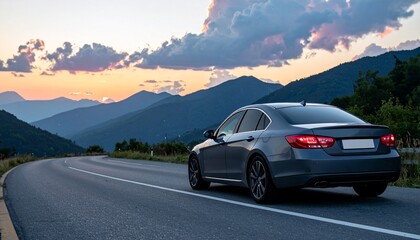 Fototapeta premium Dark Grey Luxury Sedan on Winding Mountain Road during Dusk