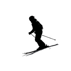 Solid black silhouette of a skier turning