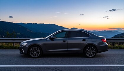 Fototapeta premium Dark Grey Luxury Sedan on Winding Mountain Road during Dusk