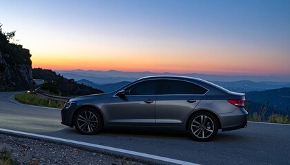 Fototapeta premium Dark Grey Luxury Sedan on Winding Mountain Road during Dusk