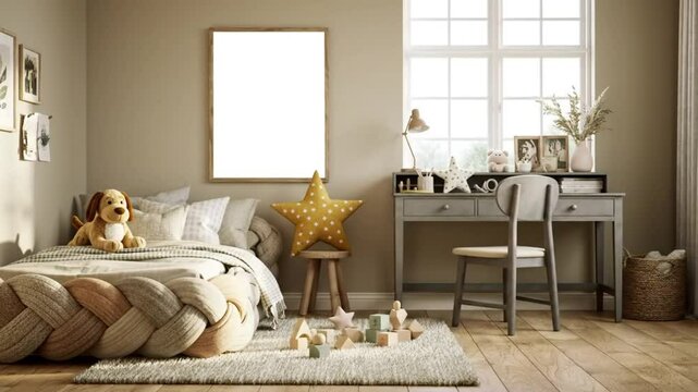 View of a child's bedroom with a bed, desk, and various decorative items
