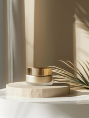 A luxurious skincare cream jar on a minimalist display with soft shadows.