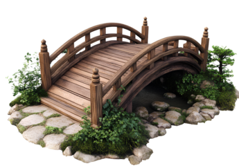  Wooden bridge with plants on a transparent background, PNG file. Isolated wooden arch bridge