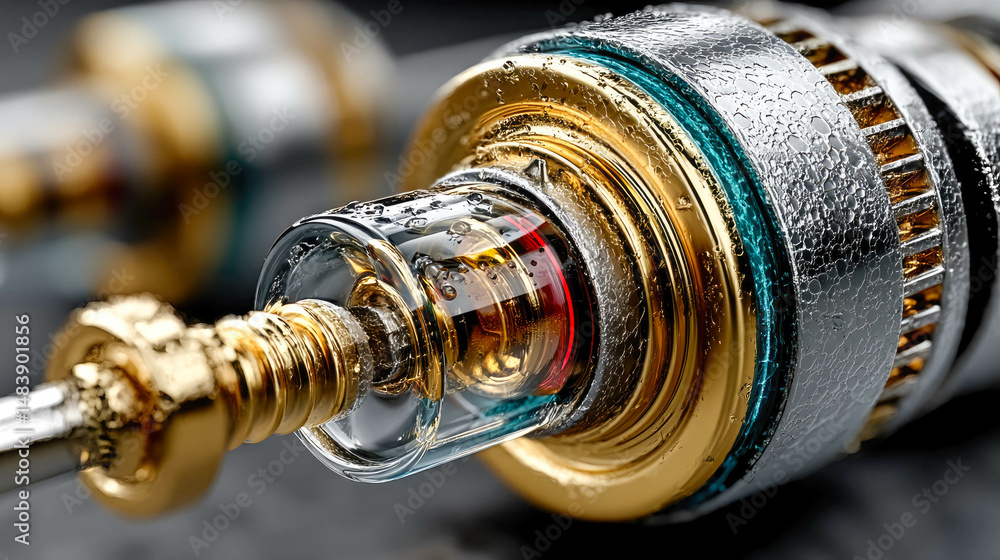 Poster close-up of a high-tech piston mechanism with detailed golden and metallic textures, emphasizing pre