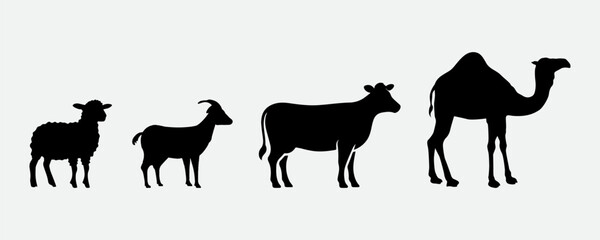 Bakra Eid Animal Icons – Sheep, Cow, Camel, and Goat in Silhouettes 