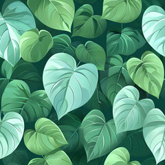 A vibrant pattern of various green leaves on a dark background.