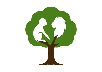 tree made out of lion and ape negative space logo design. creative typography monogram vector