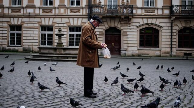 Elderly man shares crumbs with pigeons in historic square on a quiet afternoon