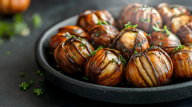 Castanas, Chestnuts roasted and steaming on a dark stone plate, smoky grey background