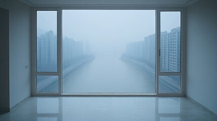Fototapeta premium Empty room view on a foggy cityscape and a river