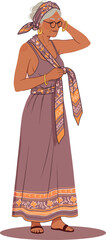 Woman wearing headscarf and long patterned dress standing in thoughtful pose vector illustration 