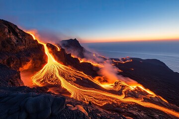 Fototapeta premium Lava Flowing Down Volcanic Mountainside At Sunset