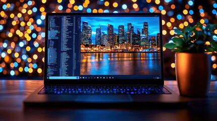 Night Cityscape Photo Editing on Laptop at Night