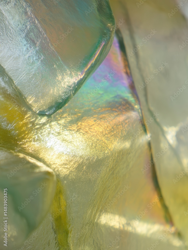 Poster close-up of iridescent and colorful surface of translucent material with reflections and highlights 