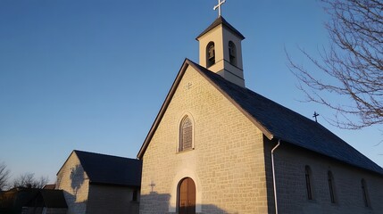 Fototapeta premium Stone Church Exterior Golden Hour Sunlight Architecture