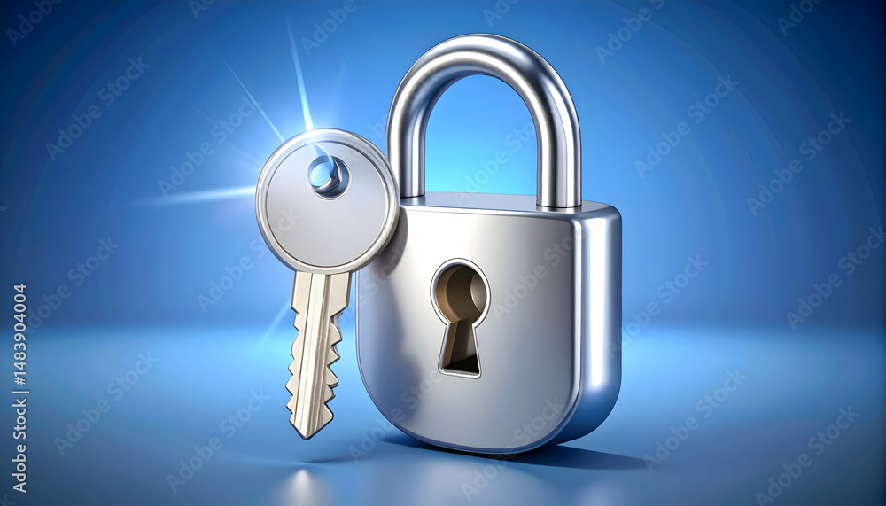 Poster illustrative rendering displaying key and padlock, safeguarding data and security