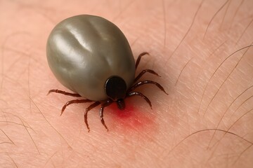 Close-up of engorged tick embedded in human skin with red swollen inflammation. Tick bite on human skin, potential disease carrier. Tick parasite burrowed into skin. Lyme disease. 