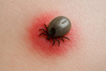 Close-up of engorged tick embedded in human skin with red swollen inflammation. Tick bite on human skin, potential disease carrier. Tick parasite burrowed into skin. Lyme disease. 
