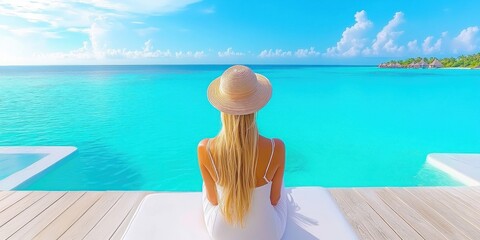 Obraz premium Woman Relaxing by Turquoise Ocean Pool Luxury Vacation