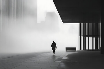 A lone figure walking in a misty urban landscape with minimalist architecture in monochrome style