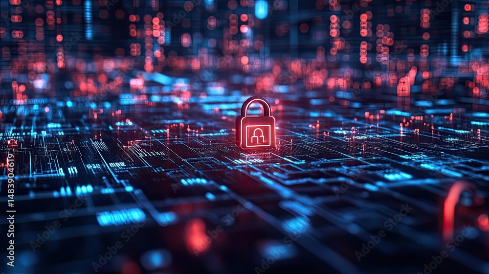 Poster cybersecurity and data privacy with digital padlocks and network protection technology.