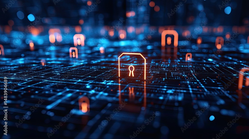 Poster cybersecurity and data privacy with digital padlocks and network protection technology.