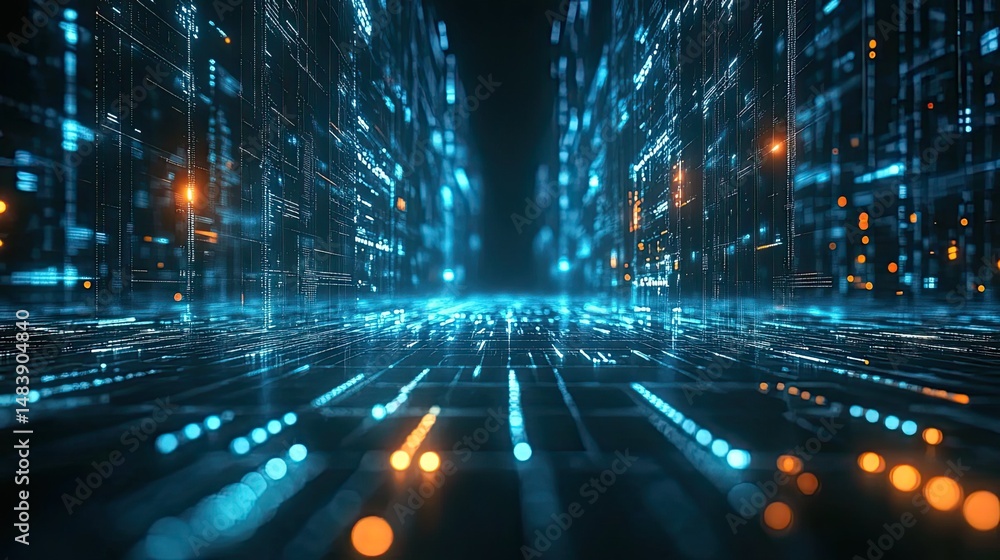 Poster cybersecurity and data protection concept: virtual shield, encrypted connection, and secure access.